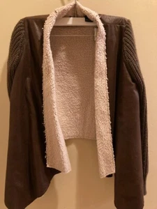 Women's Jacket Open Drapy Mixed Knit & Faux Leather PRESS CA Size Small - Picture 1 of 4
