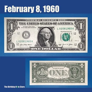 February 8, 1960 Birthday Anniversary $1 One Dollar Bill Serial Number 02081960 - Picture 1 of 2