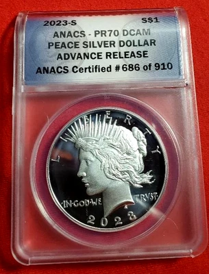 2023-S Peace Silver Dollar ANACS PR70 DCAM Advance Release - Image 1 of 4