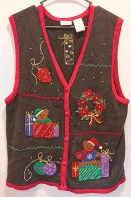 复古丑陋圣诞毛衣背心女式 XL 黑色泰迪熊礼物 Bobbie Brook — 第 1/4 张图片