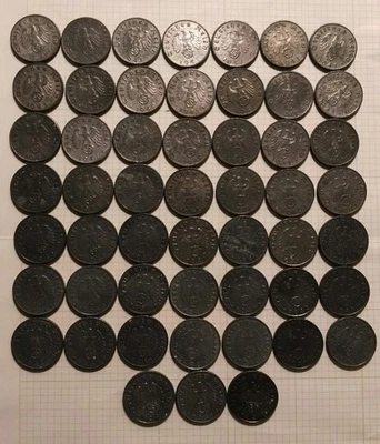 Alemania Segunda Guerra Mundial Tercer Reich 5 Reichspfennig: Lote de 52 monedas de zinc 1941-42 Foto 1 de 4