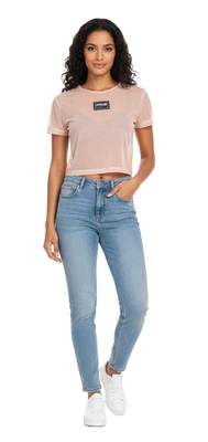 Blusa crop top Versace Jeans Couture malha pêssego leve – Sheer Street Glam com logotipo - Imagem 1 de 4