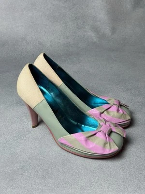 Irregular Choise Heels Turquoise Pink Leather Linen Bow Women's Size 40 US 8.5 - Image 1 of 4