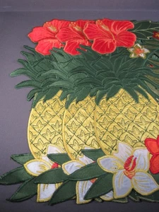 3 Tropical Dollies Placemats Pineapples Plumerias Green Yellow Orange Applique' - Picture 1 of 10
