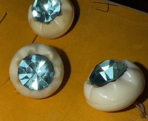 Vintage Carved Possible Bakelite Buttons With Blue Rhinestone Set of 4 Flower - Picture 1 of 12