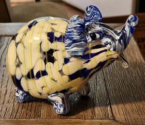 HAND BLOWN BLUE & WHITE SPATTER ART GLASS TRUNK UP LUCKY ELEPHANT - Picture 1 of 17