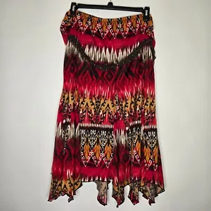 Fashion Bug Elastic Waist Aztec Multi Red Handkerchief Skirt Beaded Belt Sz 2X - Picture 1 of 12