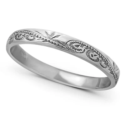 Solid 18K White Gold Hawaiian Scroll Ring Womens 3mm Engraved Band Stacking Ring - Image 1 of 4