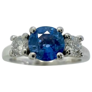 Natural Vivid Blue Round Ceylon Sapphire & Diamond White Gold Three Stone Ring - Picture 1 of 11
