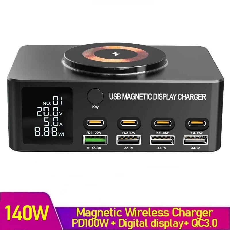 140W 8 Ports Multi USB C QC 3.0 PD 100W Fast Charger Station Wireless Charging - Image 1 of 4