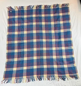 English MadeVintage 1970’s Soft Wool Blanket 52”x64” Plaid Afgan Throw Blue Red - Picture 1 of 4