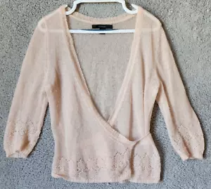 Express 3/4 Sleeve Open Knit Lightweight Wrap Sweater Beaded Pink Mohair Blend M - Picture 1 of 12