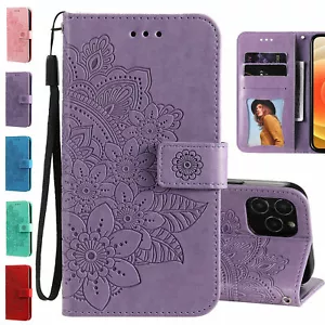 Luxury Flip Embossed Flower Wallet Cover Case For 11 12 13 14 15 Pro Max XR 7 8 - Picture 1 of 66