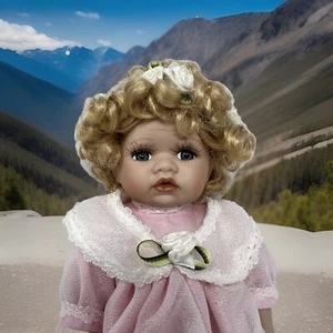Porcelain Baby Doll Limited & Collectible Edition 8'" in Pink Dress, Blonde Hair - Picture 1 of 24