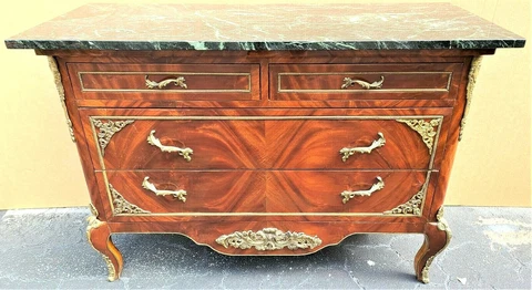 French Louis XV Marble Top Chest Dresser TV Stand with Gilt Ormolu Mounts Cover