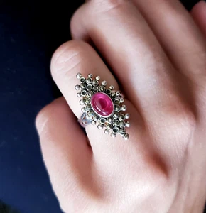 Vintage Sterling Silver Pink Garnet Marcasite Ring Size 7 Womens Artisan Deco - Picture 1 of 7