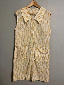 Vintage Handmade Womens Apron Dress Large Beige Floral Semi Sheer Boho Mod 70s - Picture 1 of 7