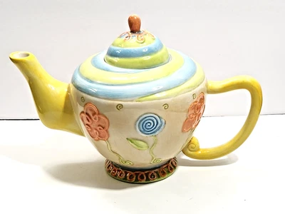 ONEIDA Hand Painted Tea Pot Single Serve Yellow Orange Blue Swirl Flower Whimsey - Image 1 of 4