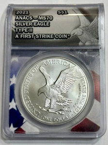 American Silver Eagle 2021 Type II MS 70 ANACS Graded  First Strike Coin .999 - Picture 1 of 20