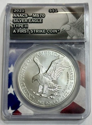 American Silver Eagle 2021 Type II MS 70 ANACS Graded  First Strike Coin .999 - Image 1 of 4