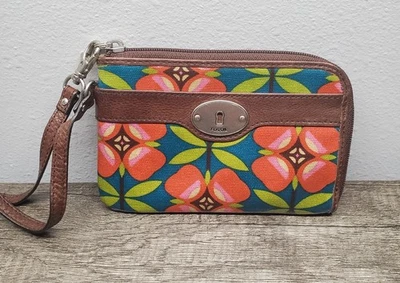 Fossil Key-Per Coated Wallet Wristlet Leather Clutch Zip Floral Teal Red Brown  - Image 1 of 4