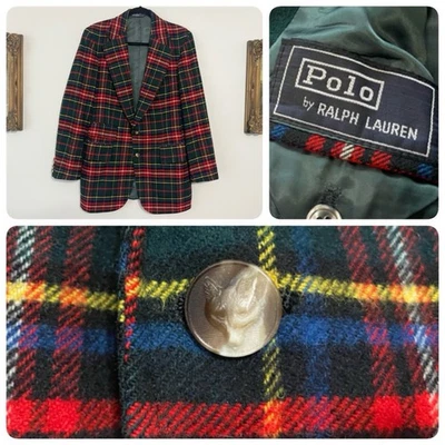 VTG 70s Polo Ralph Lauren Blazer Sport Coat Wolf Buttons Tartan Plaid Fits 40 - Image 1 of 4