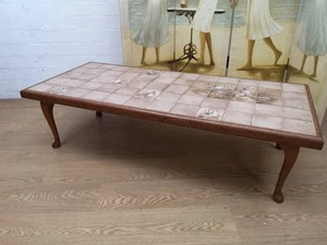 Vintage Brown Teak Frame Coffee Table with Ceramic Tile Top Danish Queen Anne - Picture 1 of 5
