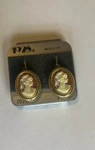 1928 Gold Tone Earrings Cameo Pierced Oval Cream Bust Red Background - Picture 1 of 6