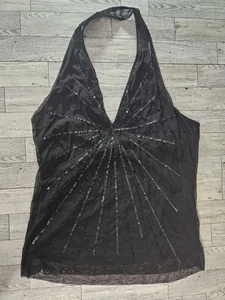BCBG Maxazria Medium Haulter Tank Top Shirt Black Beaded Coquette Sheer Vneck - Picture 1 of 8