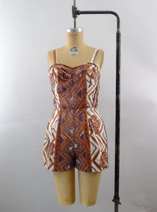 Vintage 50s Hawaiian Playsuit Romper Swimsuit - Medium - Tiki Brown White - Picture 1 of 14