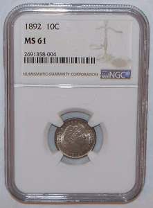 1892 BARBER DIME NGC MS 61 GORGEOUS BLUE AND PINK TONING ON REVERSE - Picture 1 of 6