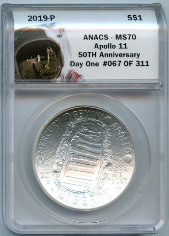 Genuine 2019-P ANACS - MS70 Apollo 11 50th Anniversary S$1 Day One #067 of 311 Cover