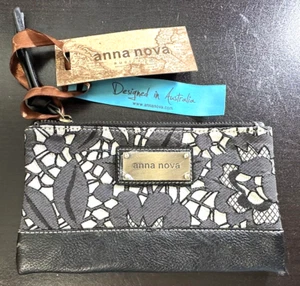 Anna Nova Black White Lace & Leather Zip Pouch Cosmetic Bag Wristlet Australia - Picture 1 of 6
