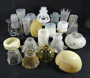 selection of vintage/antique glass lamp shades & chimneys