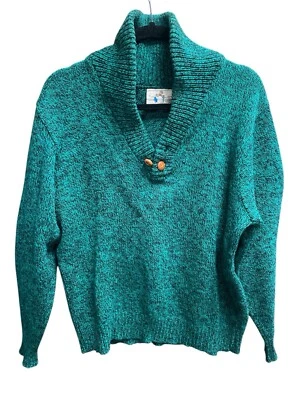 EMS Green Variegated Wool Prep Ski Sweater Vintage Men's Large Leather Button - Image 1 of 3