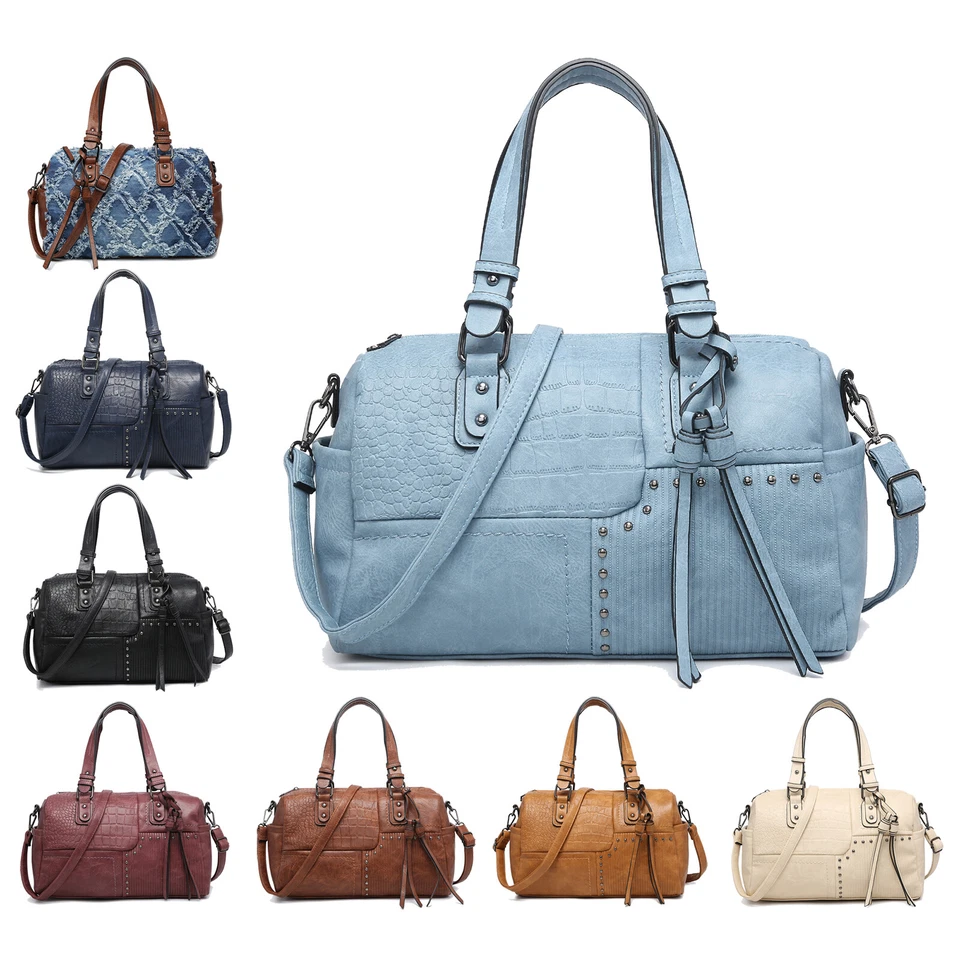 Womens Soft Vegan Leather Barrel Bags Large Hobo Top Handle Work Totes Satchel - Image 1 of 4