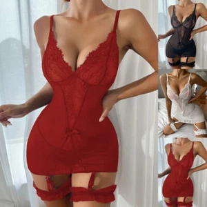 Women V-Neck Suspender Garter Nightwear Sleepwear Sexy Lace Nightdress Lingerie - Picture 1 of 13