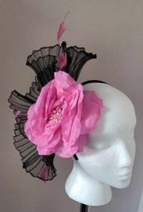 Statement F.A. Black Crinoline Mesh and Pink Flower and Feather Fascinator - Picture 1 of 5
