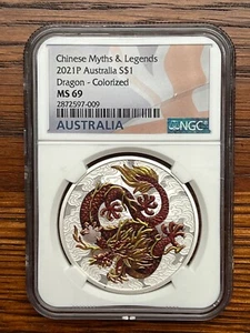 2021P Australia Dragon Colorized Red & Gold 1 Ounce Silver 1 Dollar NGC MS69 - Picture 1 of 2