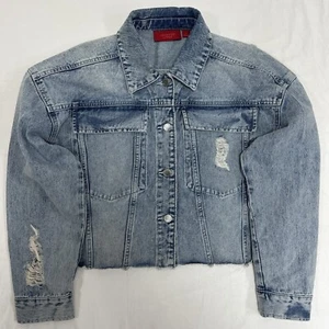 Jennifer Lopez Women’s Size Medium Denim Cropped Distressed Jean Jacket NWOT - Picture 1 of 6