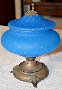 Antique MOSER Gold Enamel dot, Blue Glass Footed Compote w/ Lid 9"x7" - Picture 1 of 9