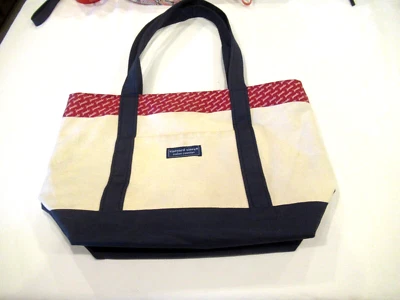Vineyard Vines canvas tote bag white with navy blue and red trim - Image 1 of 4