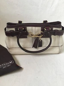 COACH EO6S 10212 White/Burgundy Pebbled Leather Double Handle Tote Purse - Picture 1 of 5