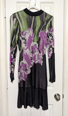 New Karen Millen Jacquard Knit Midi Dress Size S Green Multicolor Flippy Hem - Image 1 of 4
