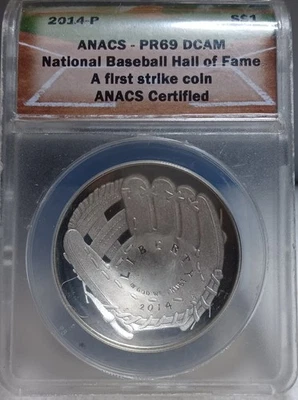2014-P Baseball Hall of Fame Silver Dollar.  ANACS PR69DCAM. Video SL0198. - Image 1 of 4