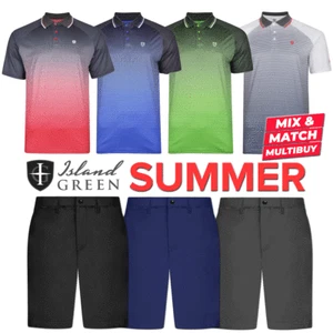 ISLAND GREEN MENS SUBLIMATION STRIPE GOLF POLO SHIRT & GOLF SHORTS MULTIBUY DEAL