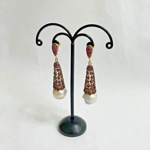 Gold Plated Silver 925 Earring with natural White Pearl and Ruby - Picture 1 of 10
