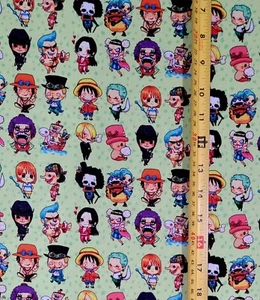 ONE PIECE CHIBI ANIME GREEN  FABRIC (HALF-YARD OR 1-YARD) - Picture 1 of 4