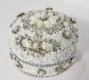 Beaded Jewelry Trinket Box Pillbox Tin Round White Metal With Lid Floral Design - Picture 1 of 8