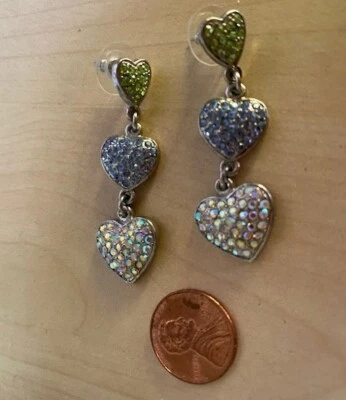 Pendientes colgantes Suzanne Somers verde azul multi triple cristal de corazón estrás Foto 1 de 4